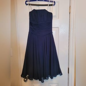 Navy blue, strapless and flowy evening dress